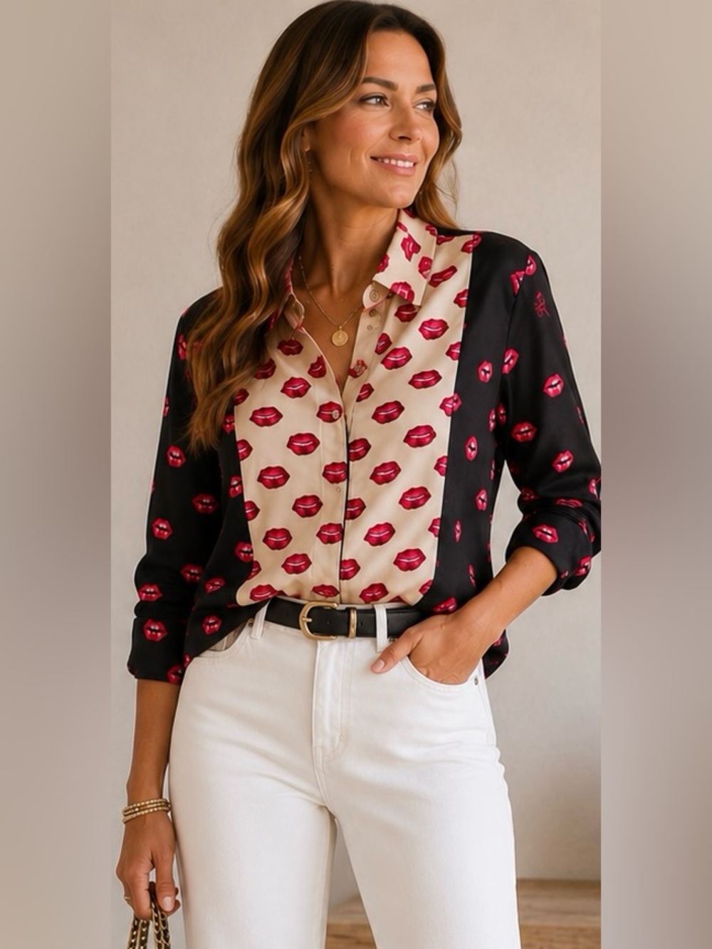 NWT Romy Lip Print Button Front Blouse SZ S Black Pink Kiss Collared Shirt Chic